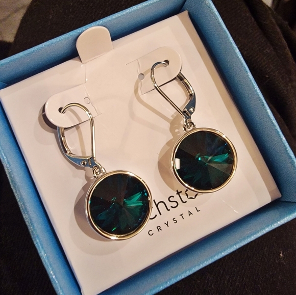 #Touchstone Crystal #Lulu Earrings, Green, Leverback, Rhodium Plate 1" #NIB #NWT - Picture 1 of 1